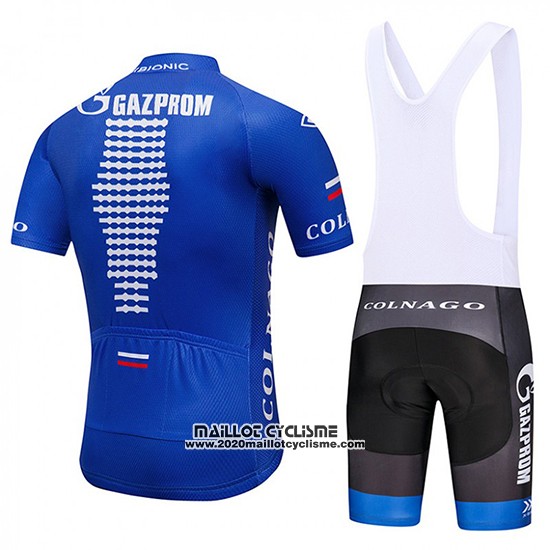 2018 Maillot Ciclismo Gazprom Rusvelo Bleu et Blanc Manches Courtes et Cuissard